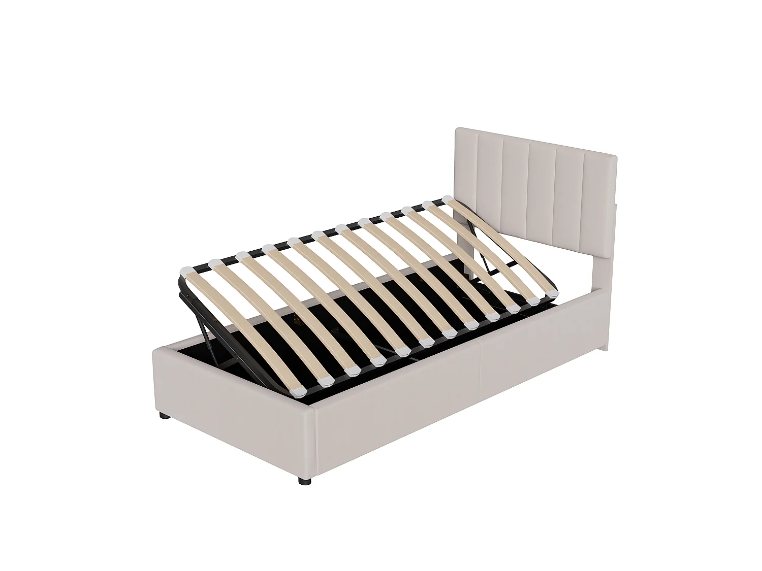 Lit simple 90x200cm - avec rangement hydraulique - tête de lit réglable en hauteur - lin - beige