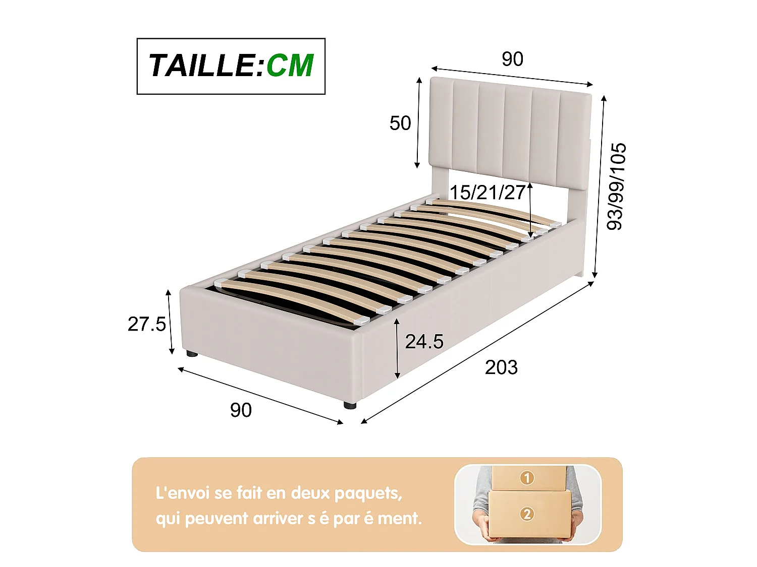 Lit simple 90x200cm - avec rangement hydraulique - tête de lit réglable en hauteur - lin - beige