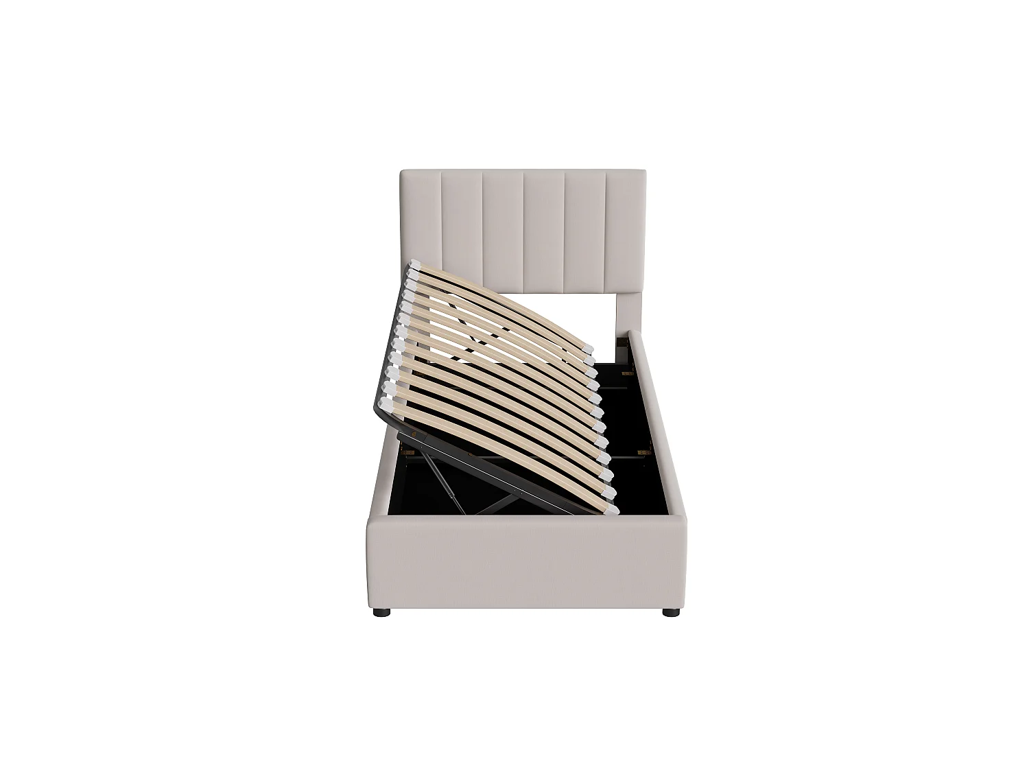 Lit simple 90x200cm - avec rangement hydraulique - tête de lit réglable en hauteur - lin - beige