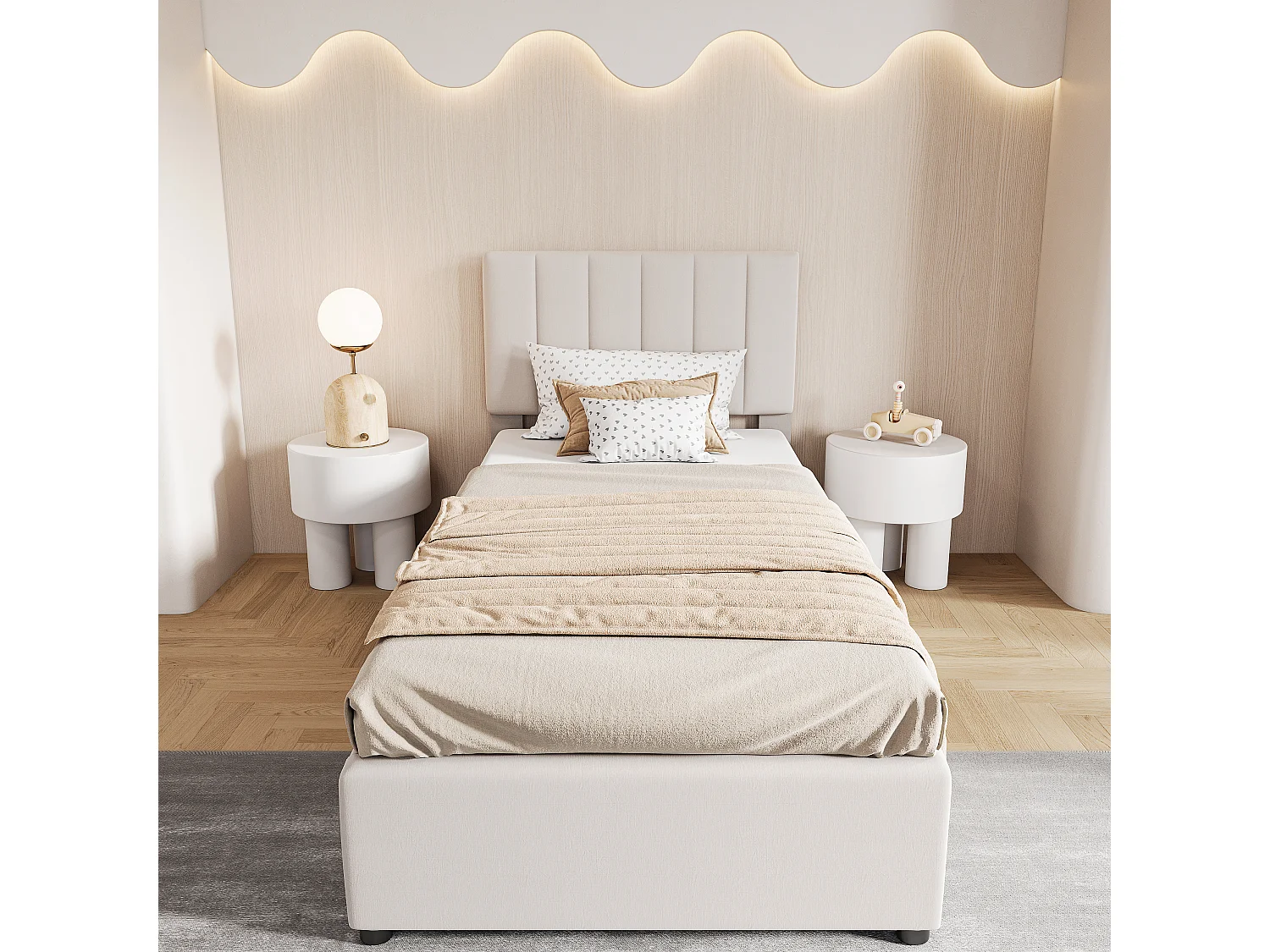 Cama individual 90x200cm - com arrumação hidráulica - cabeceira regulável em altura - roupa de cama - bege