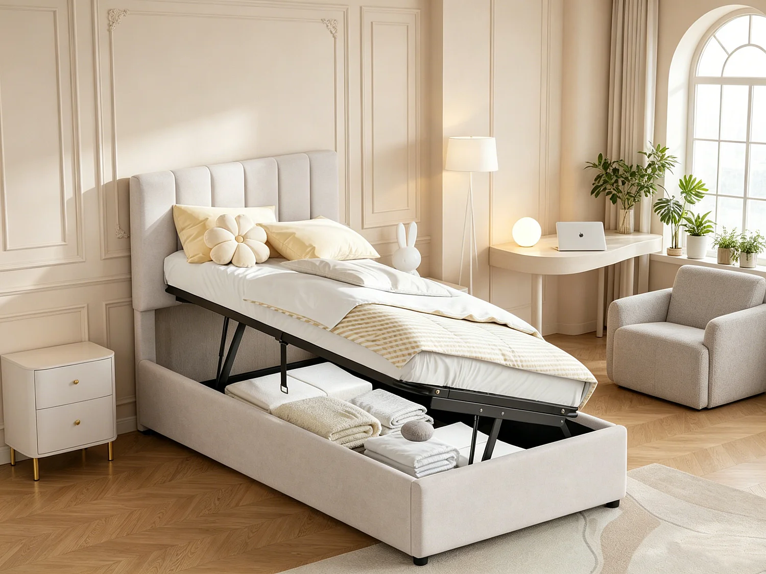 Cama individual 90x200cm - com arrumação hidráulica - cabeceira regulável em altura - roupa de cama - bege