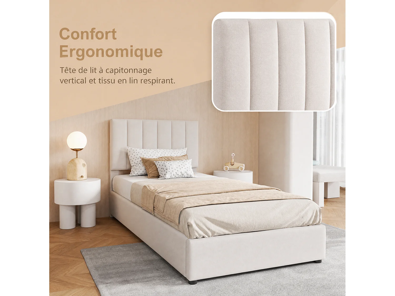 Cama individual 90x200cm - com arrumação hidráulica - cabeceira regulável em altura - roupa de cama - bege