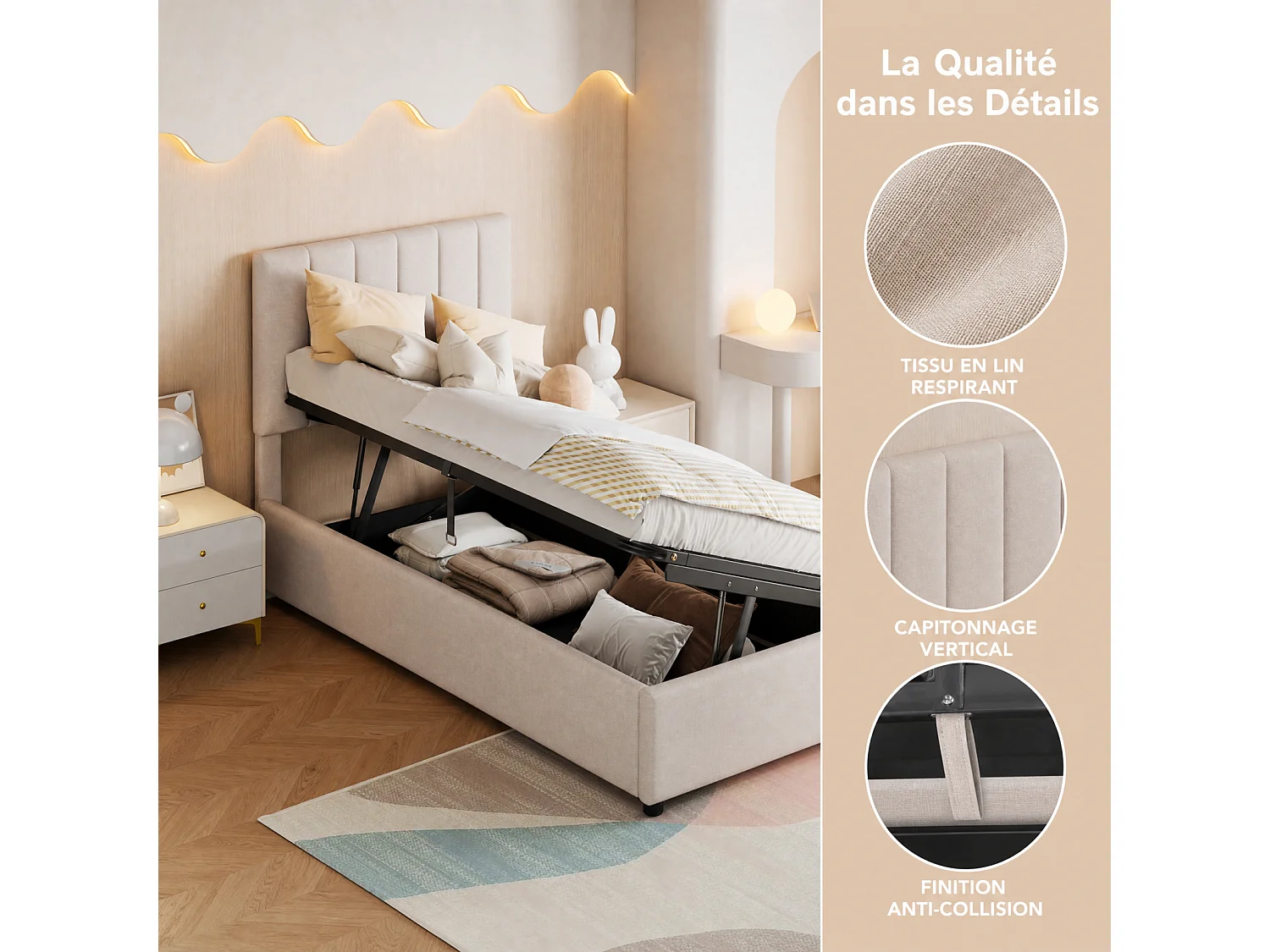 Cama individual 90x200cm - com arrumação hidráulica - cabeceira regulável em altura - roupa de cama - bege