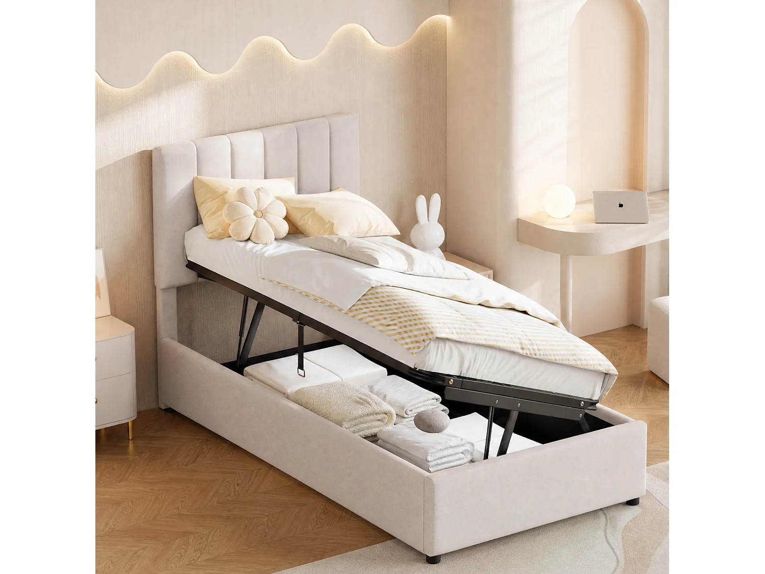 Cama individual 90x200cm - com arrumação hidráulica - cabeceira regulável em altura - roupa de cama - bege