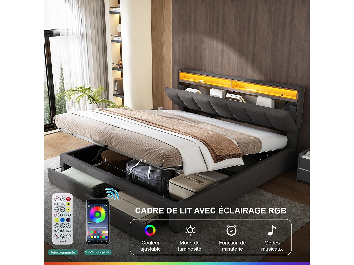 Lit double 160x200cm avec éclairage LED et 2 tiroirs - espace de rangement inclus - tête de lit réglable - lin - gris