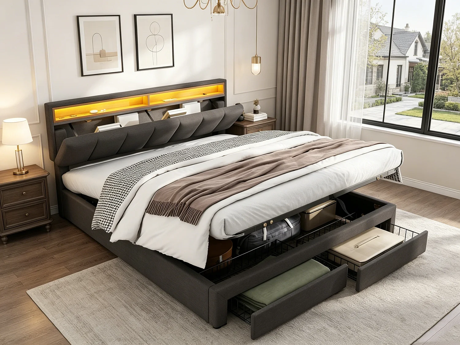 Lit double 160x200cm avec éclairage LED et 2 tiroirs - espace de rangement inclus - tête de lit réglable - lin - gris