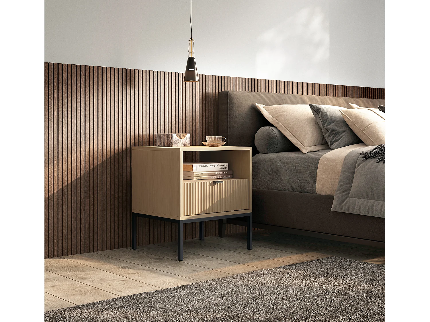 Table de chevet : 1 tiroir, chêne Vincenza, Noir, 54 x 56 x 39 cm, poignées Noires