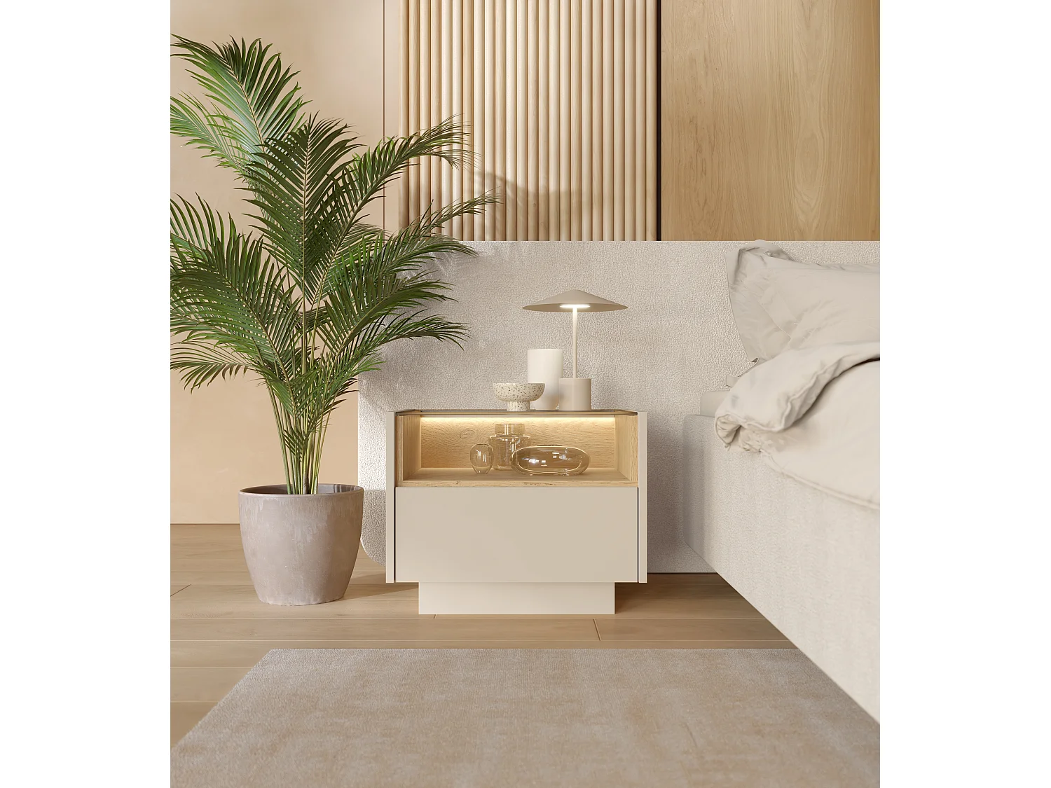 Table de chevet, beige et chêne Crémona, 53,4 x 43,4 x 39,5 cm