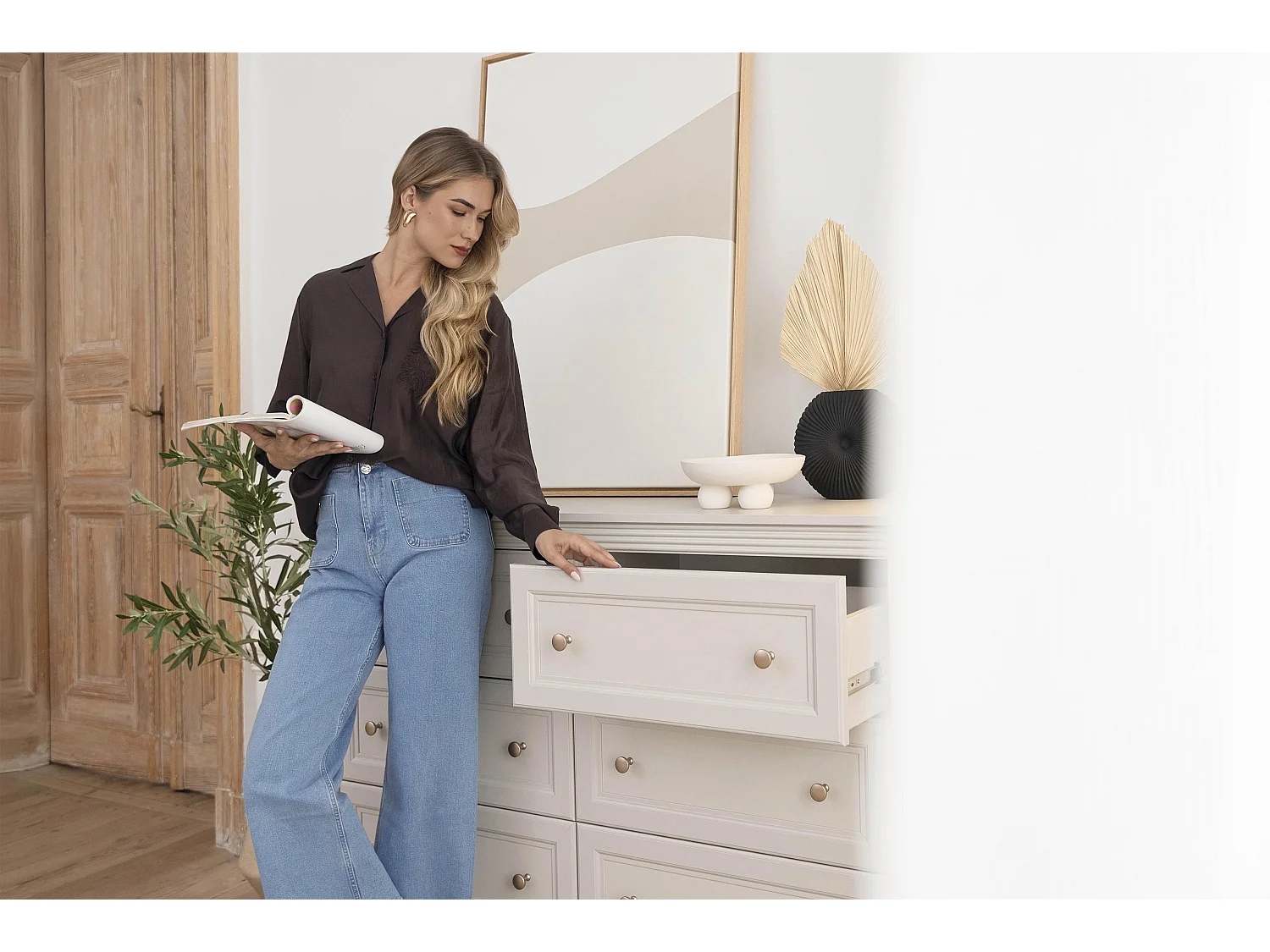 AX LIVING Kommode Nymphen Cashmere 6 Schubladen MDF Eiche Beine