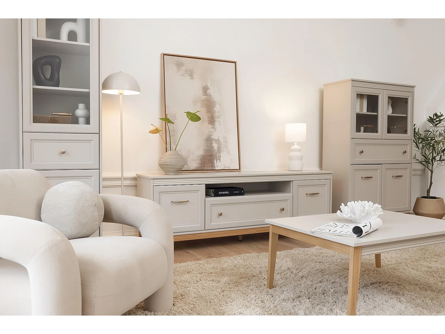 AX LIVING Kommode Nymphen Cashmere schmal 1 Schublade 2 Türen MDF Eiche Beine