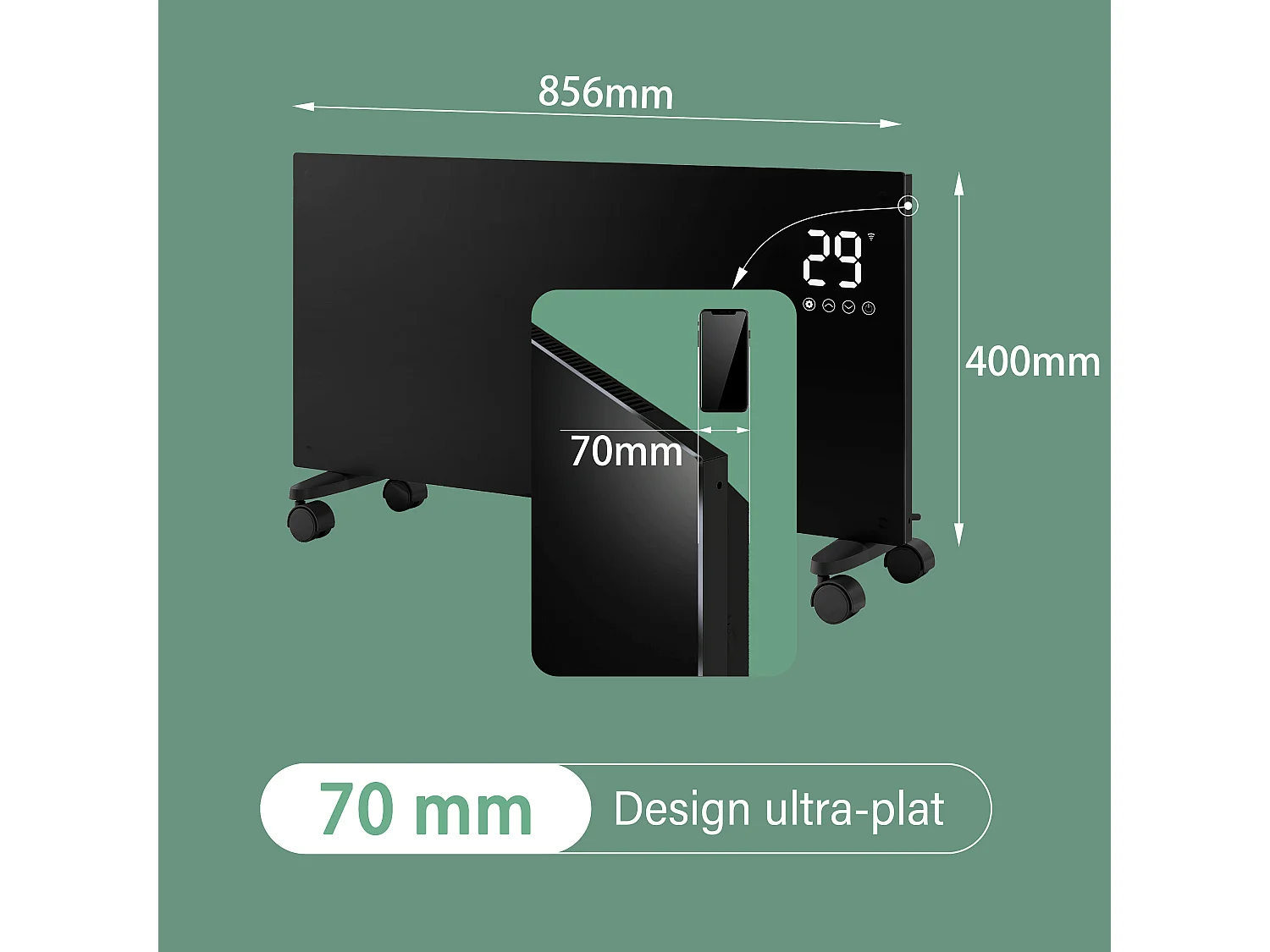Chauffage électrique mural et mobile 2000W WiFi fin 70mm noir