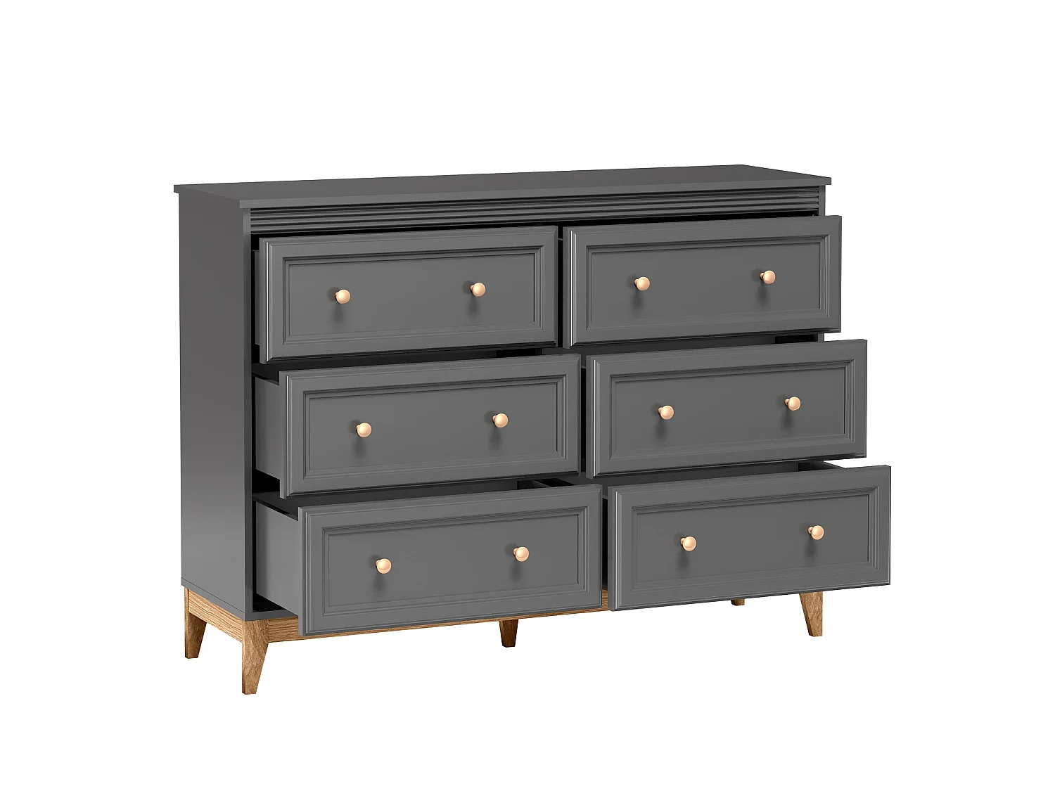 AX LIVING Kommode Nymphen Dunkelgrau 6 Schubladen MDF Eiche Beine