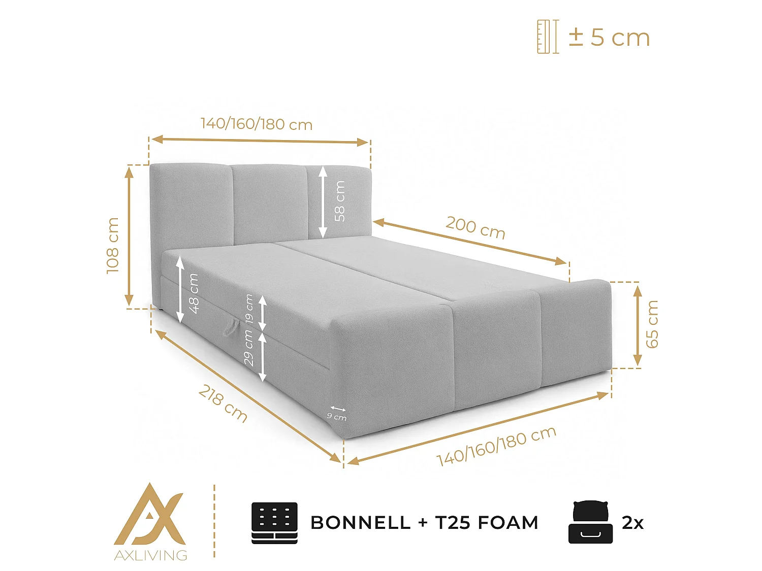 AX LIVING Boxspringbett in Beige Ankarra 160x200 cm Bett mit Stauraum