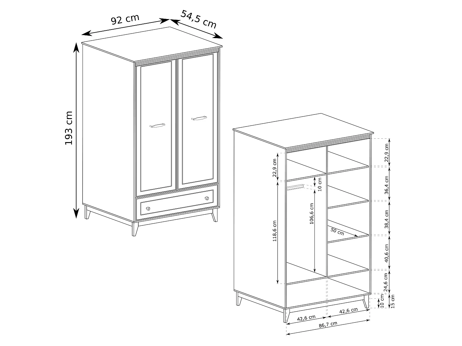 AX LIVING Kleiderschrank Nymphen Cashmere 2 Türen Schublade MDF Eiche Beine