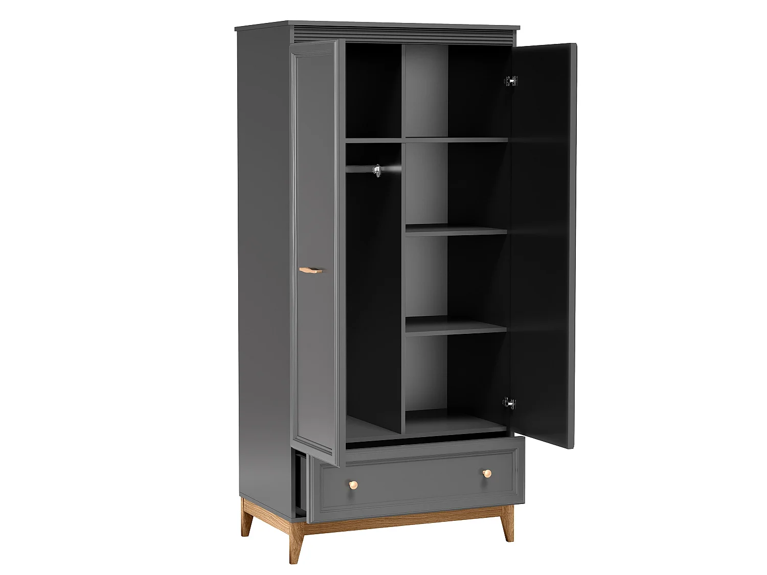 AX LIVING Kleiderschrank Nymphen Dunkelgrau 2 Türen Schublade MDF Eiche Beine