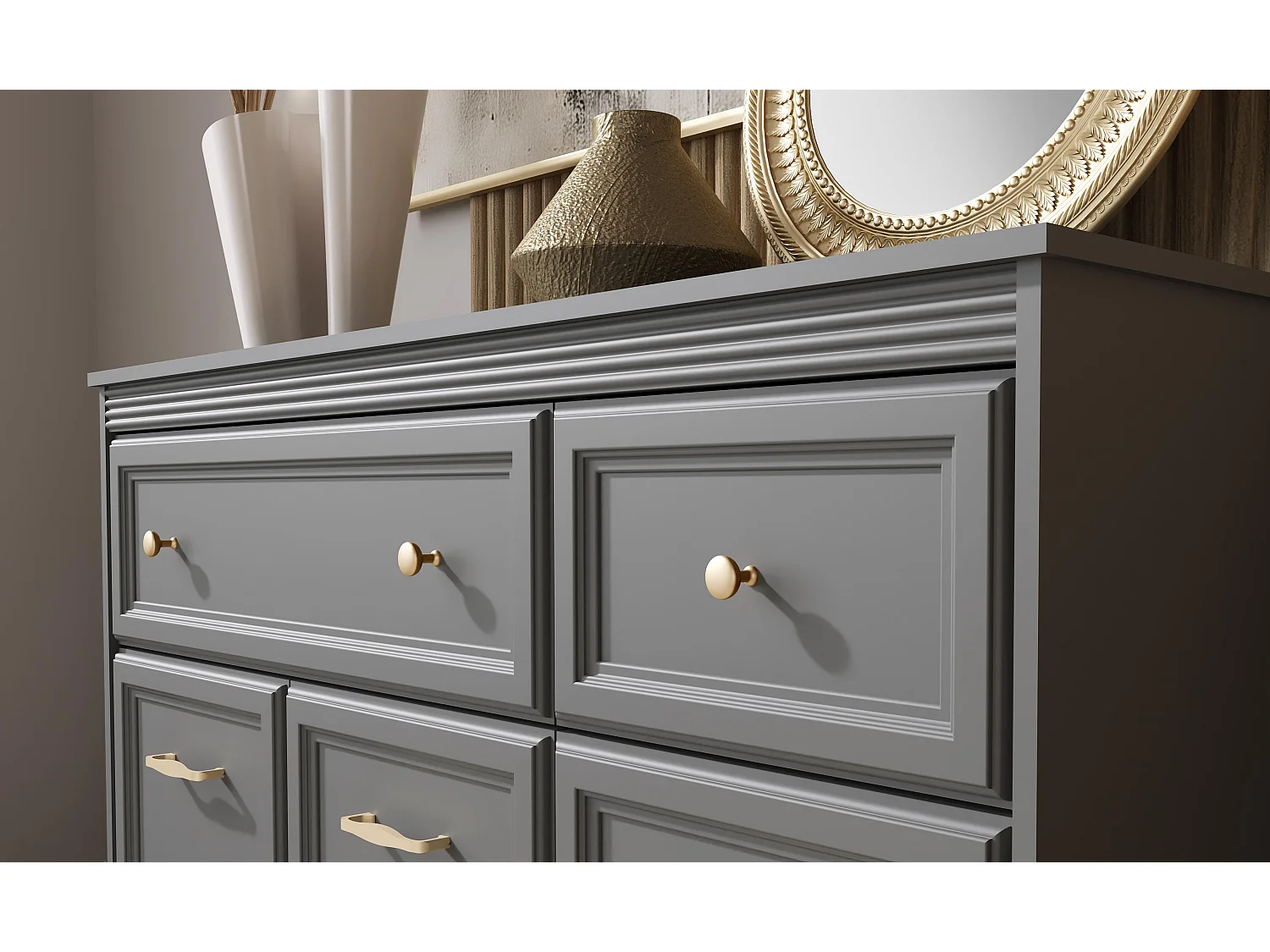 AX LIVING Kleiderschrank Nymphen Dunkelgrau 2 Türen Schublade MDF Eiche Beine