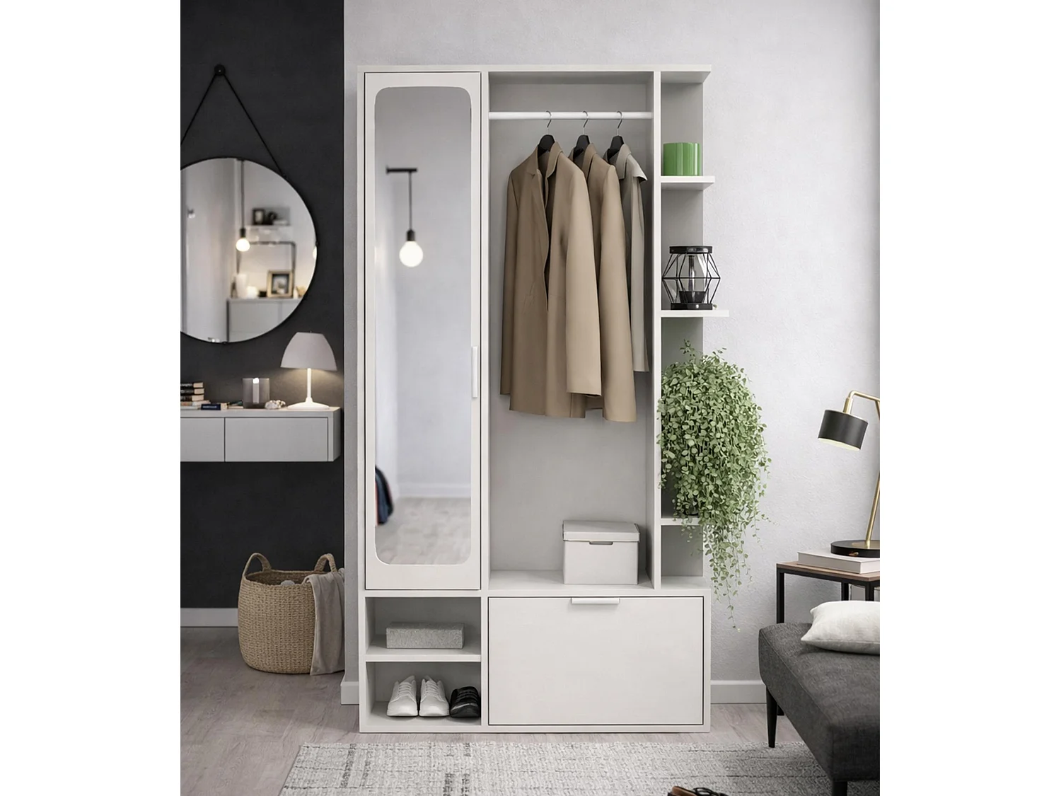 AX LIVING Garderobe Nemrut Weiß mit Spiegel – Flurmöbel mit Stauraum