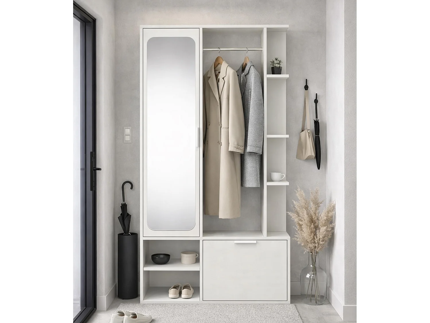 AX LIVING Garderobe Nemrut Weiß mit Spiegel – Flurmöbel mit Stauraum