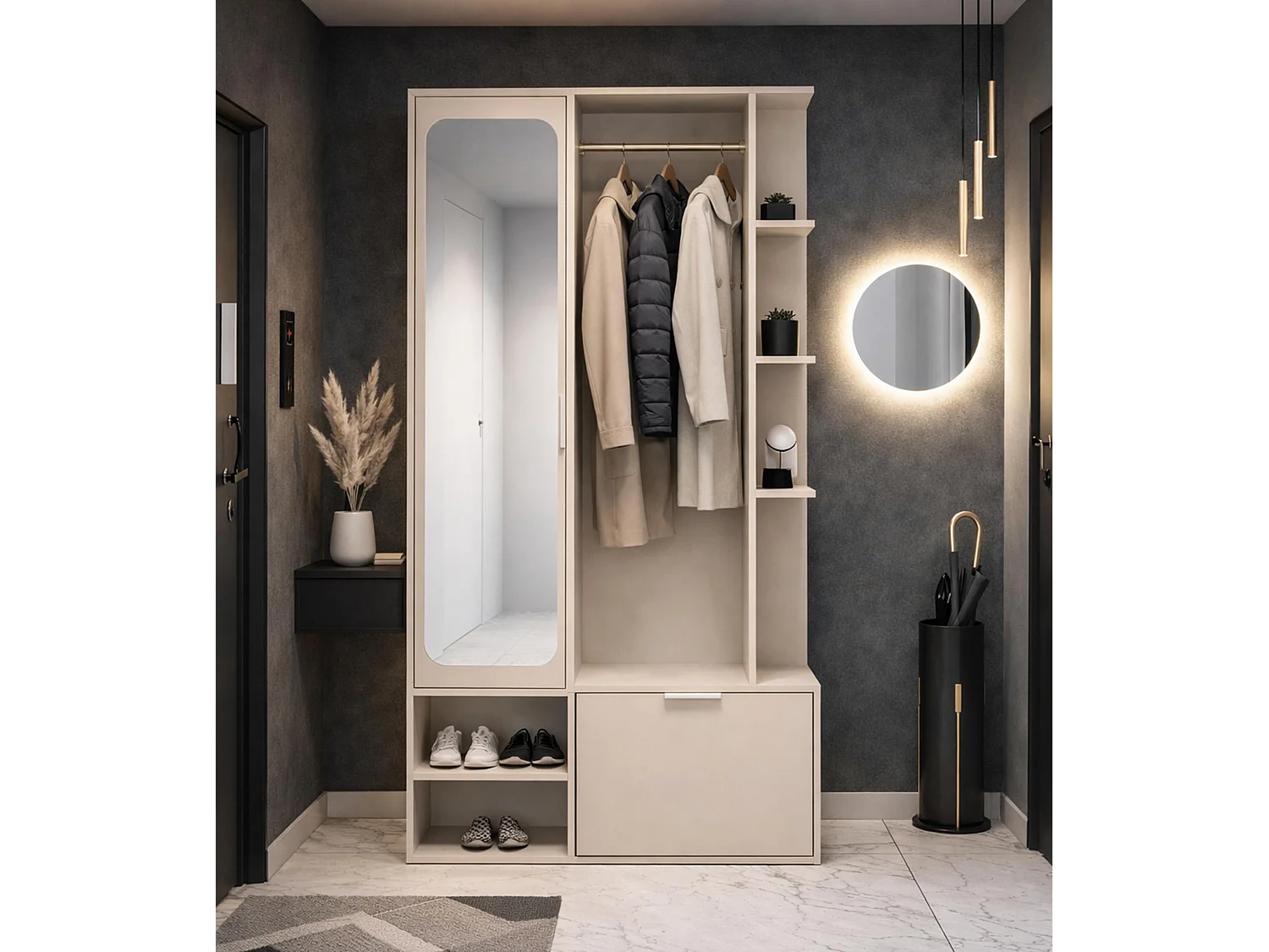 AX LIVING Garderobe Nemrut Beige mit Spiegel – Flurmöbel mit Stauraum