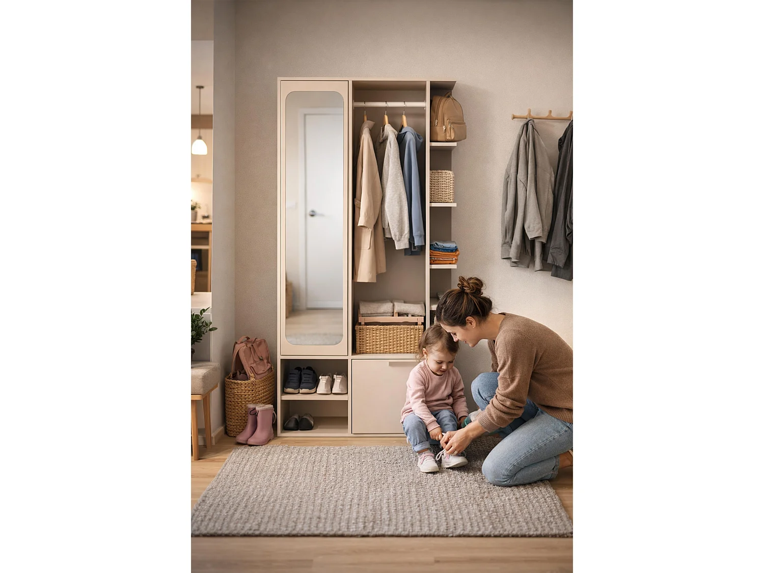 AX LIVING Garderobe Nemrut Beige mit Spiegel – Flurmöbel mit Stauraum