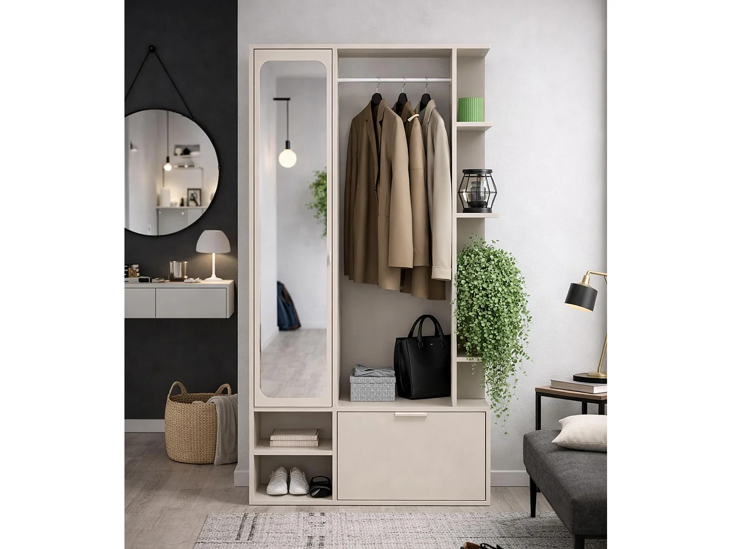 AX LIVING Garderobe Nemrut Beige mit Spiegel – Flurmöbel mit Stauraum