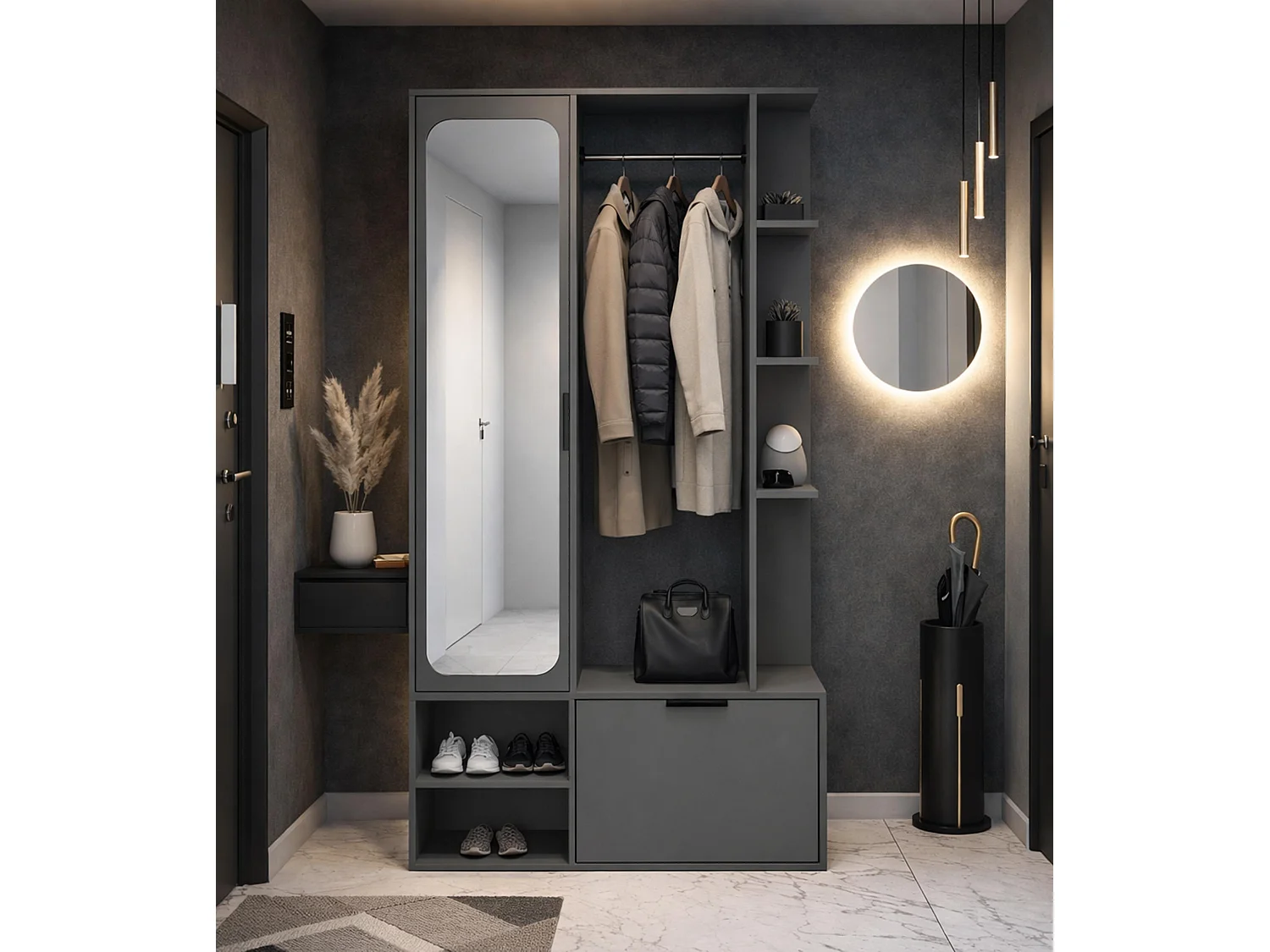 AX LIVING Garderobe Nemrut Grau mit Spiegel – Flurmöbel mit Stauraum