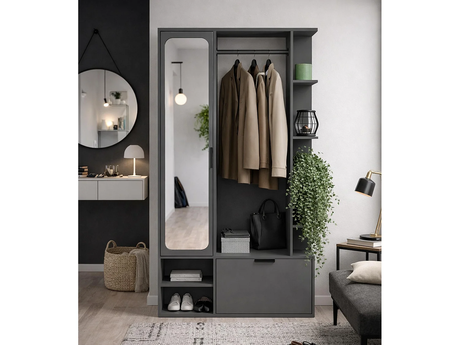 AX LIVING Garderobe Nemrut Grau mit Spiegel – Flurmöbel mit Stauraum