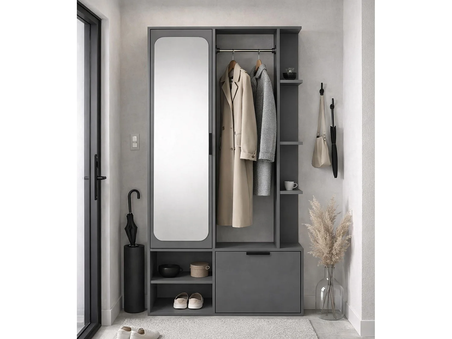 AX LIVING Garderobe Nemrut Grau mit Spiegel – Flurmöbel mit Stauraum