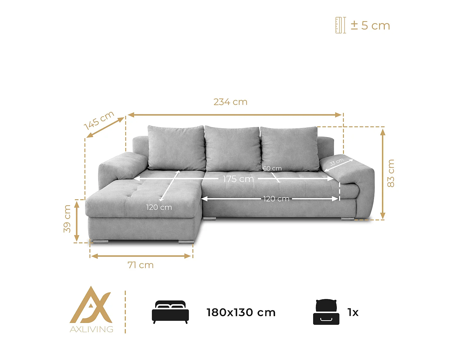 AX LIVING Manisa Wohnzimmer Couch L Form Couch hellgraues Schlafsofa R