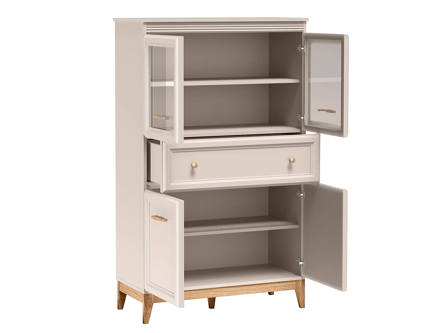 AX LIVING Vitrine Nymphen Cashmere Glas 4 Türen 1 Schublade MDF Eiche Beine