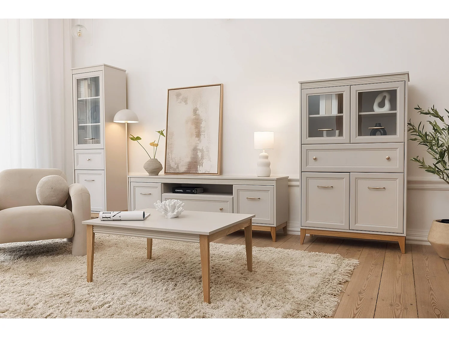 AX LIVING Vitrine Nymphen Cashmere Glas 4 Türen 1 Schublade MDF Eiche Beine