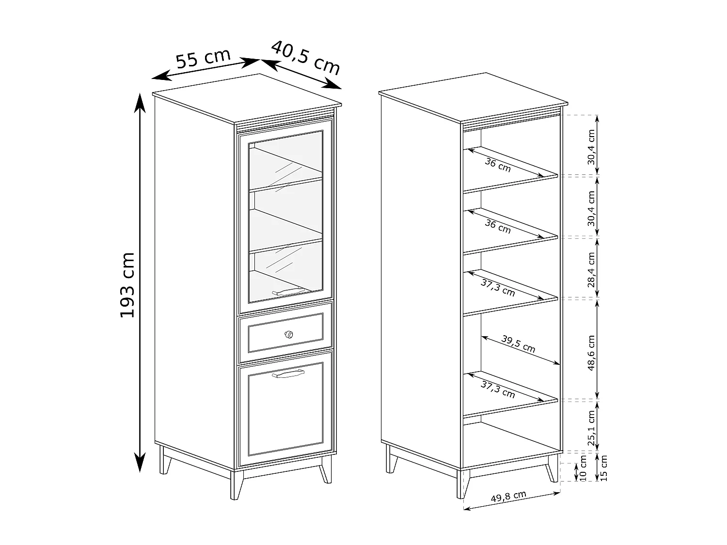 AX LIVING Vitrine Nymphen Cashmere schmal Glas 2 Türen 1 Schublade MDF Eiche Beine