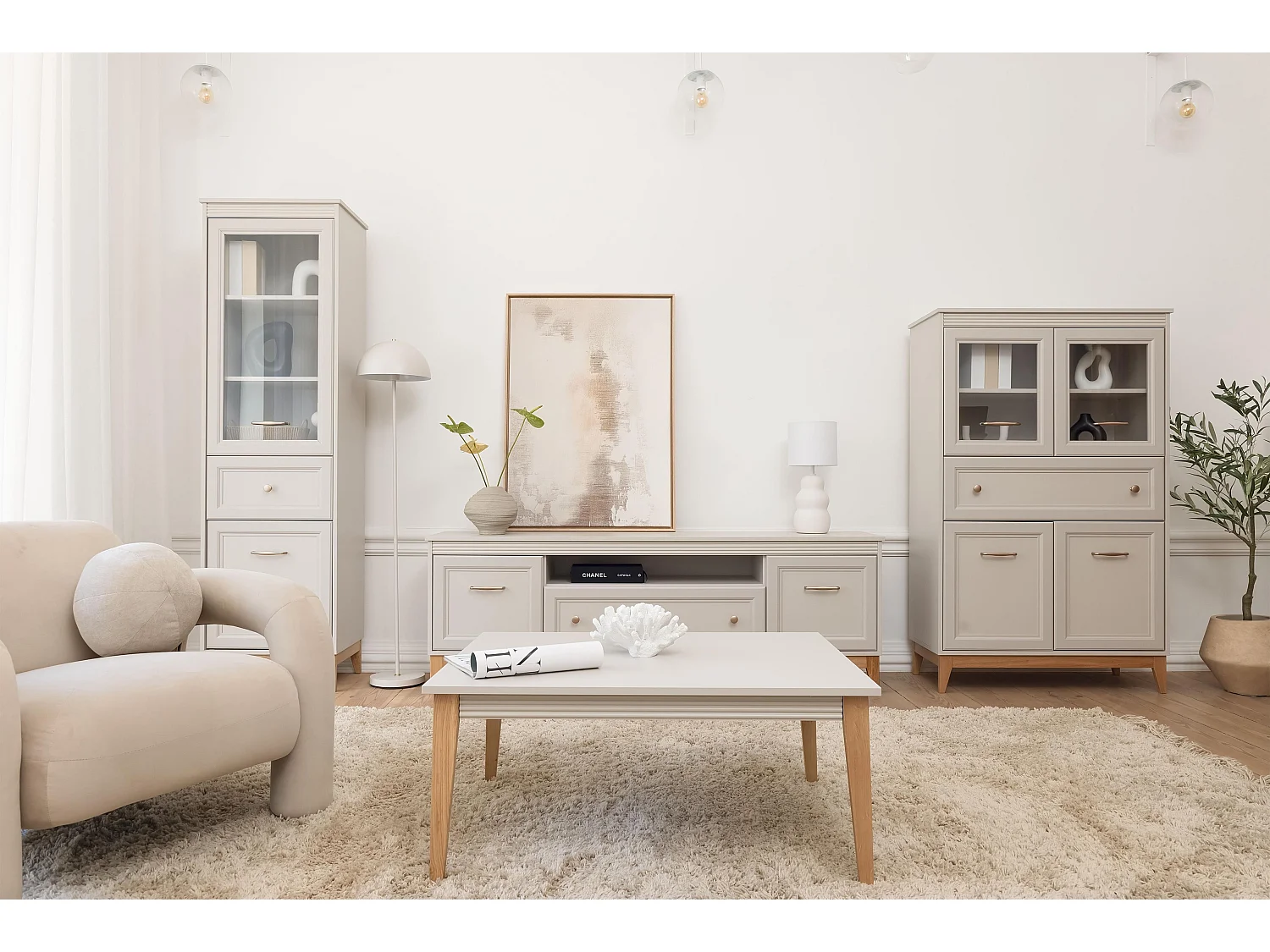 AX LIVING Vitrine Nymphen Cashmere schmal Glas 2 Türen 1 Schublade MDF Eiche Beine