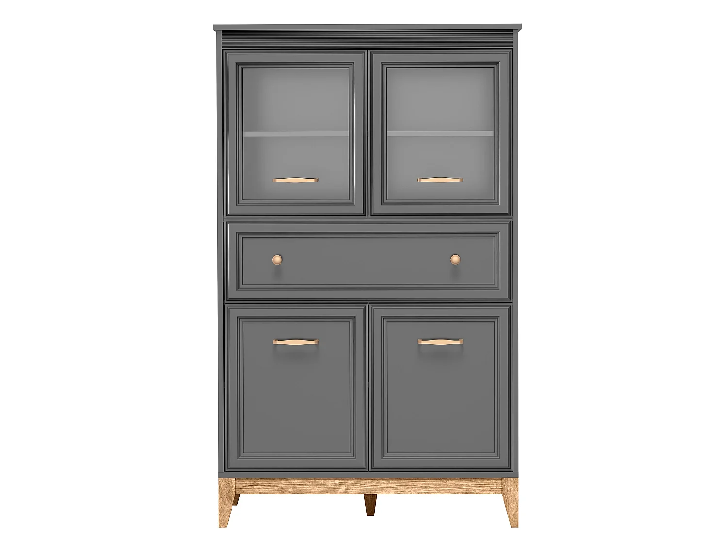 AX LIVING Vitrine Nymphen Dunkelgrau Glas 4 Türen 1 Schublade MDF Eiche Beine
