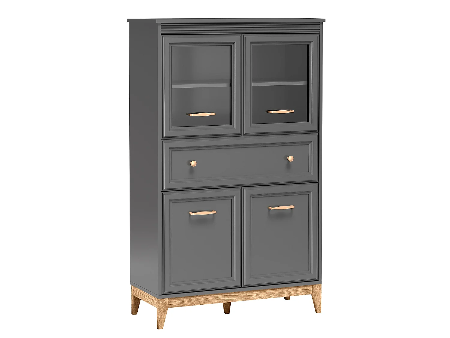 AX LIVING Vitrine Nymphen Dunkelgrau Glas 4 Türen 1 Schublade MDF Eiche Beine