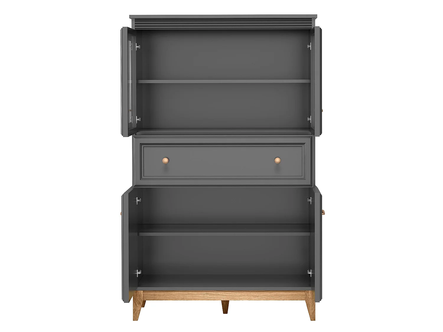 AX LIVING Vitrine Nymphen Dunkelgrau Glas 4 Türen 1 Schublade MDF Eiche Beine