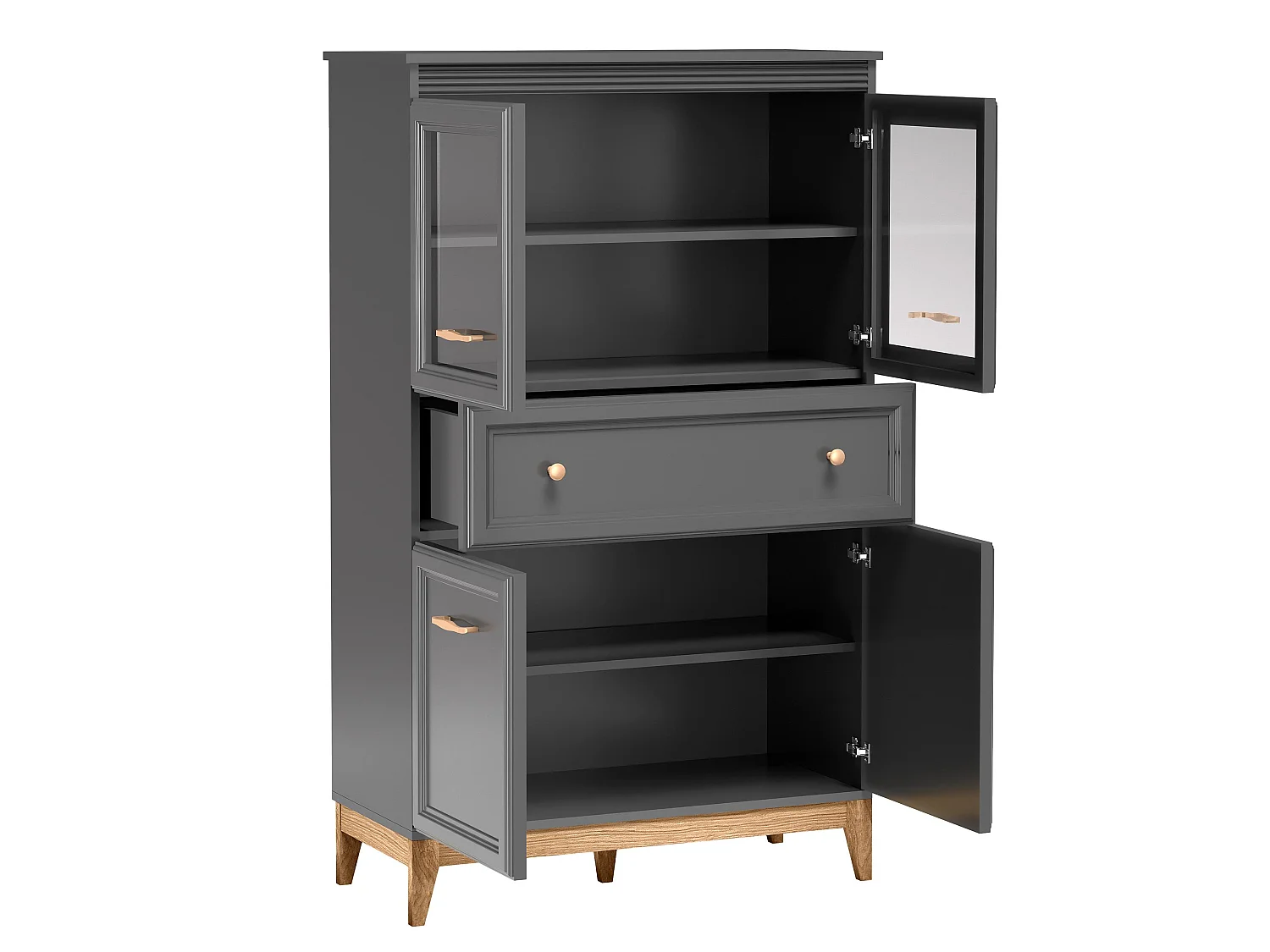 AX LIVING Vitrine Nymphen Dunkelgrau Glas 4 Türen 1 Schublade MDF Eiche Beine