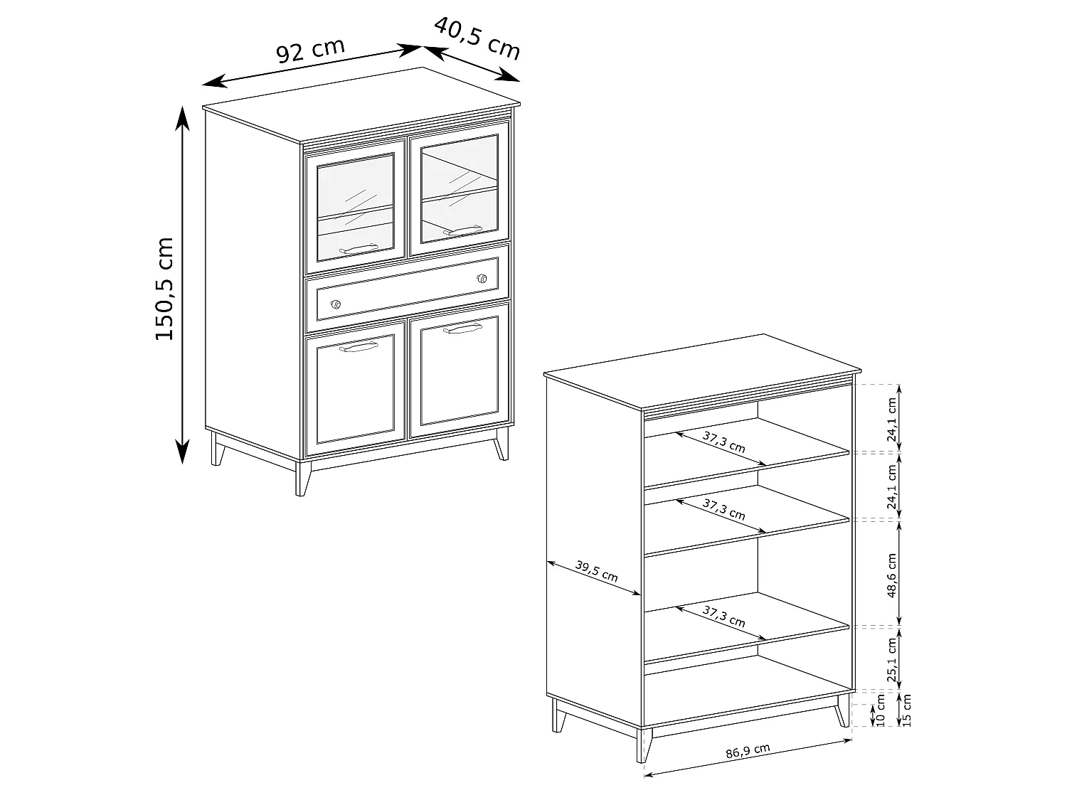 AX LIVING Vitrine Nymphen Dunkelgrau Glas 4 Türen 1 Schublade MDF Eiche Beine
