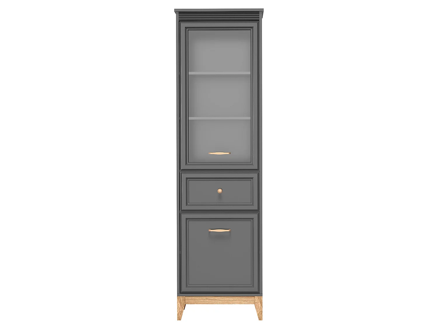 AX LIVING Vitrine Nymphen Dunkelgrau schmal Glas 2 Türen 1 Schublade MDF Eiche Beine