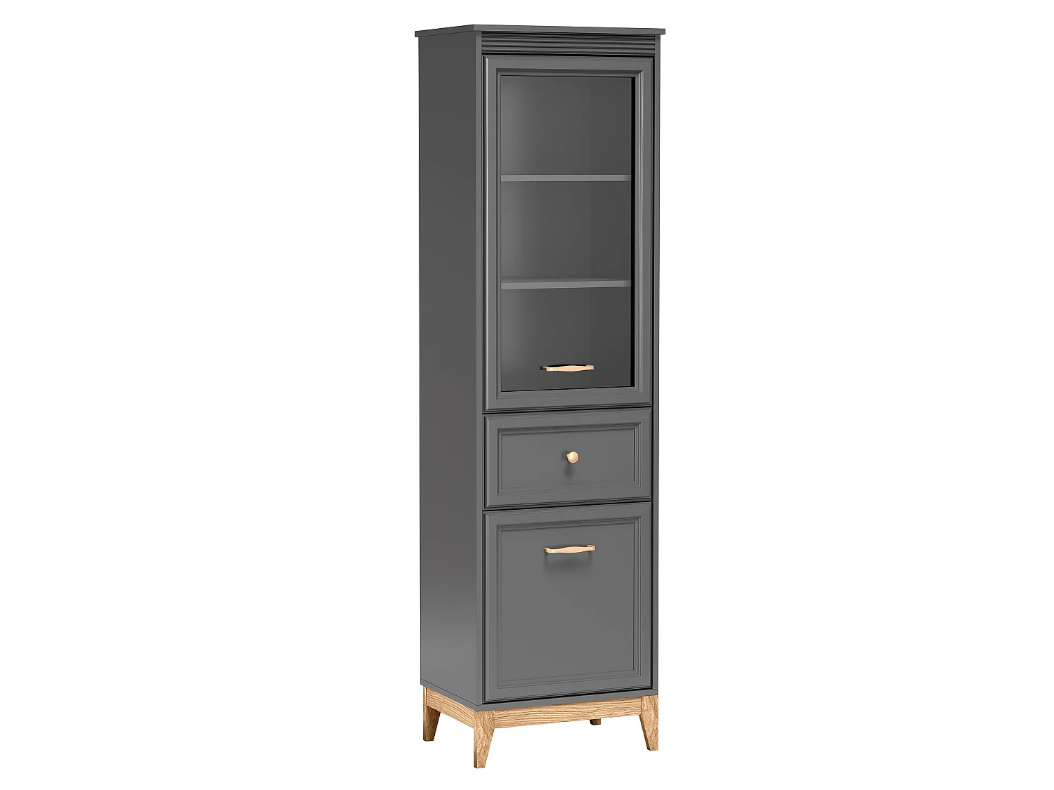 AX LIVING Vitrine Nymphen Dunkelgrau schmal Glas 2 Türen 1 Schublade MDF Eiche Beine