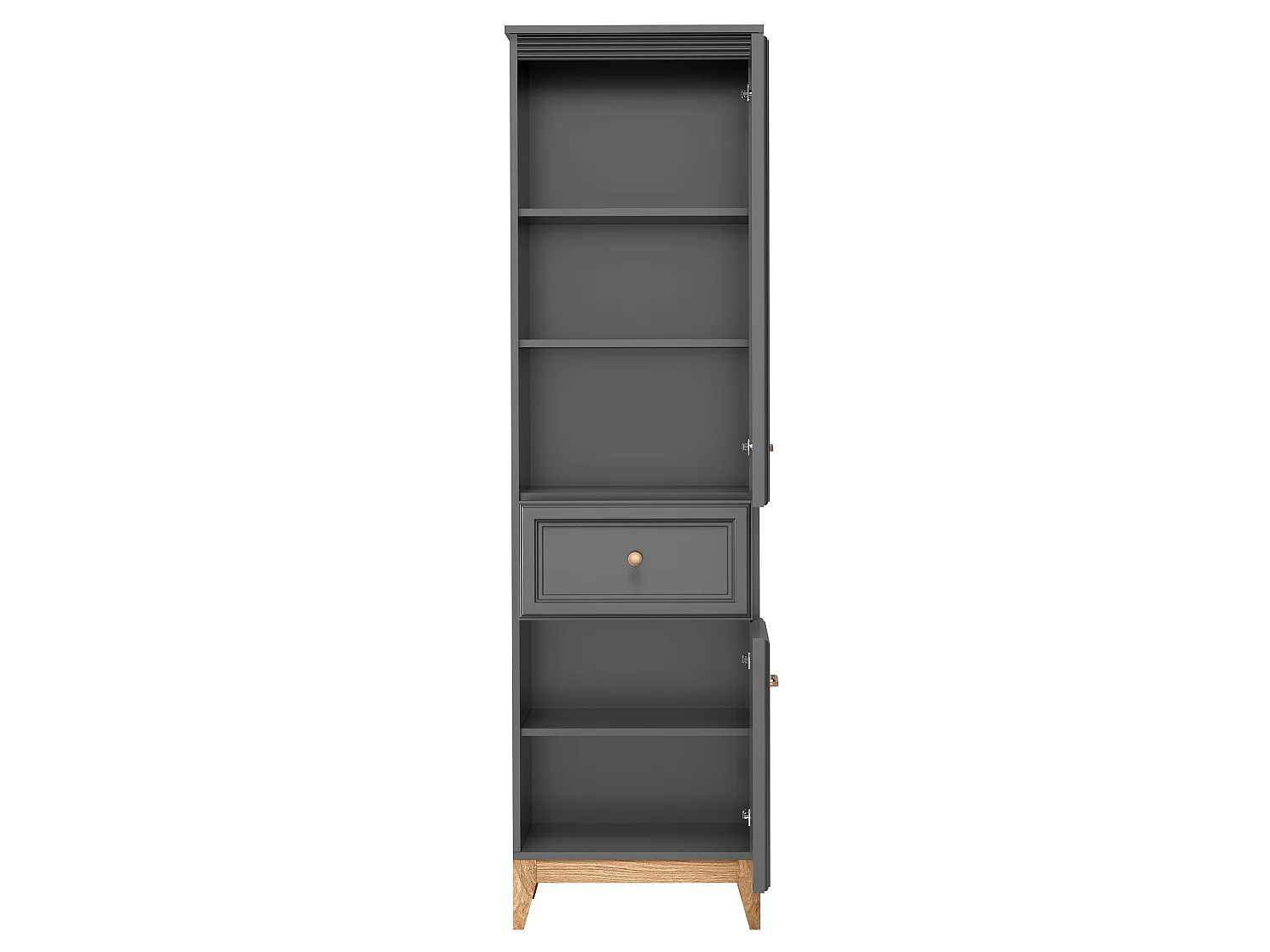 AX LIVING Vitrine Nymphen Dunkelgrau schmal Glas 2 Türen 1 Schublade MDF Eiche Beine