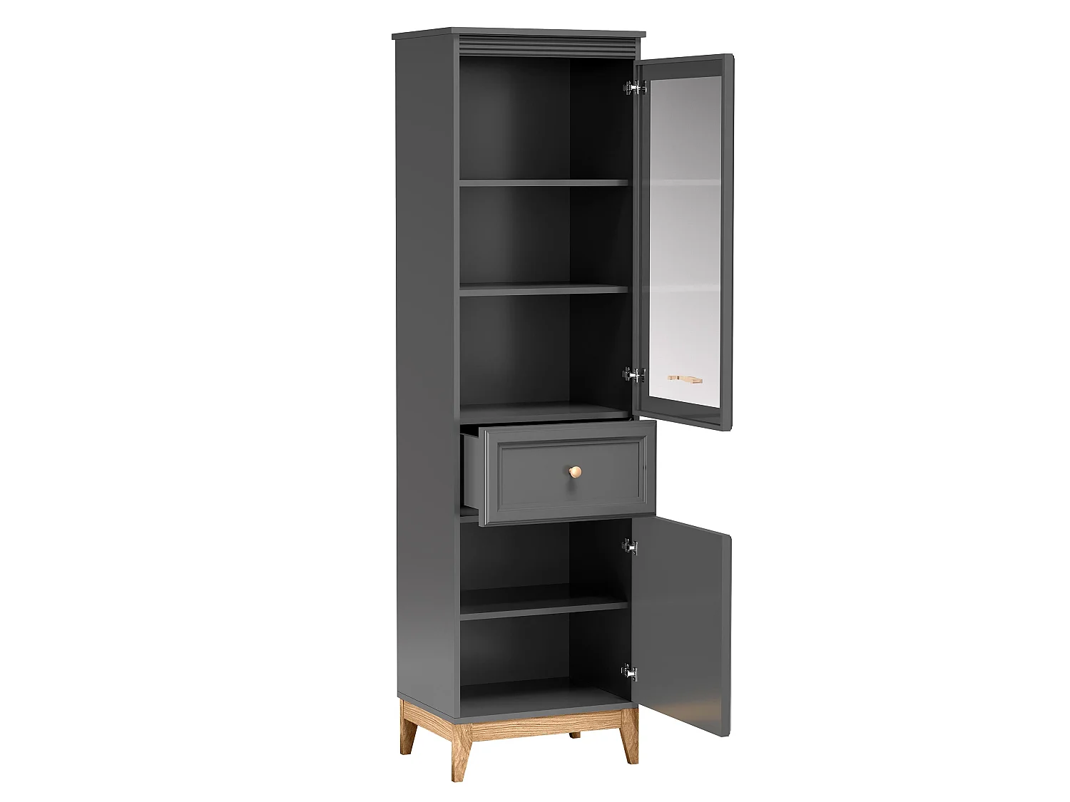 AX LIVING Vitrine Nymphen Dunkelgrau schmal Glas 2 Türen 1 Schublade MDF Eiche Beine