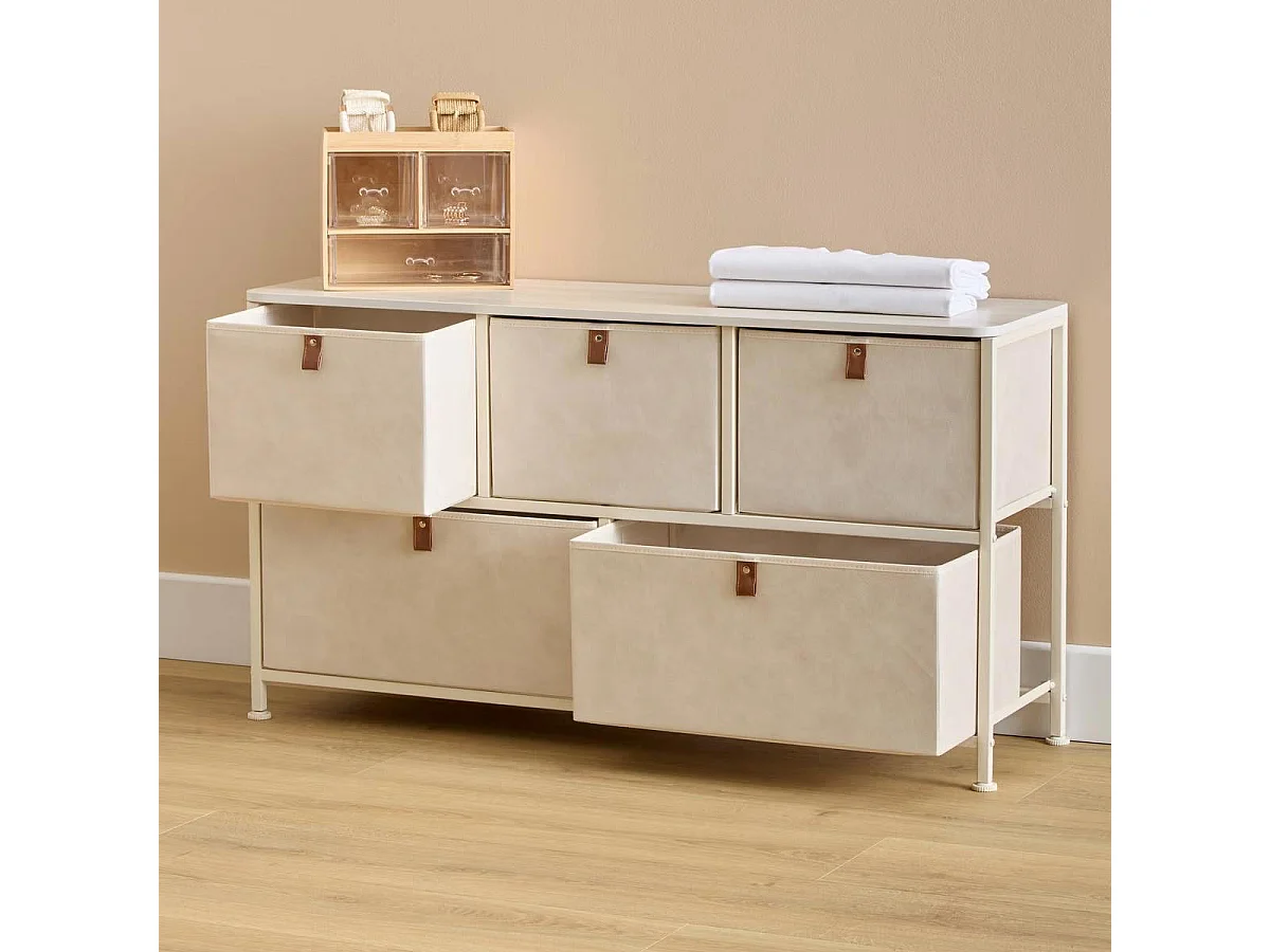 Commode Basse 5 Tiroirs "Tissa" 100cm Beige