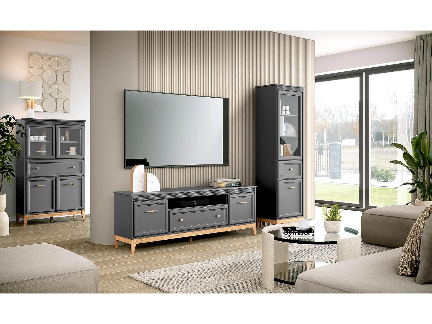 AX LIVING TV Lowboard Nymphen Dunkelgrau 179 cm 1 Schublade 2 Türen MDF Eiche
