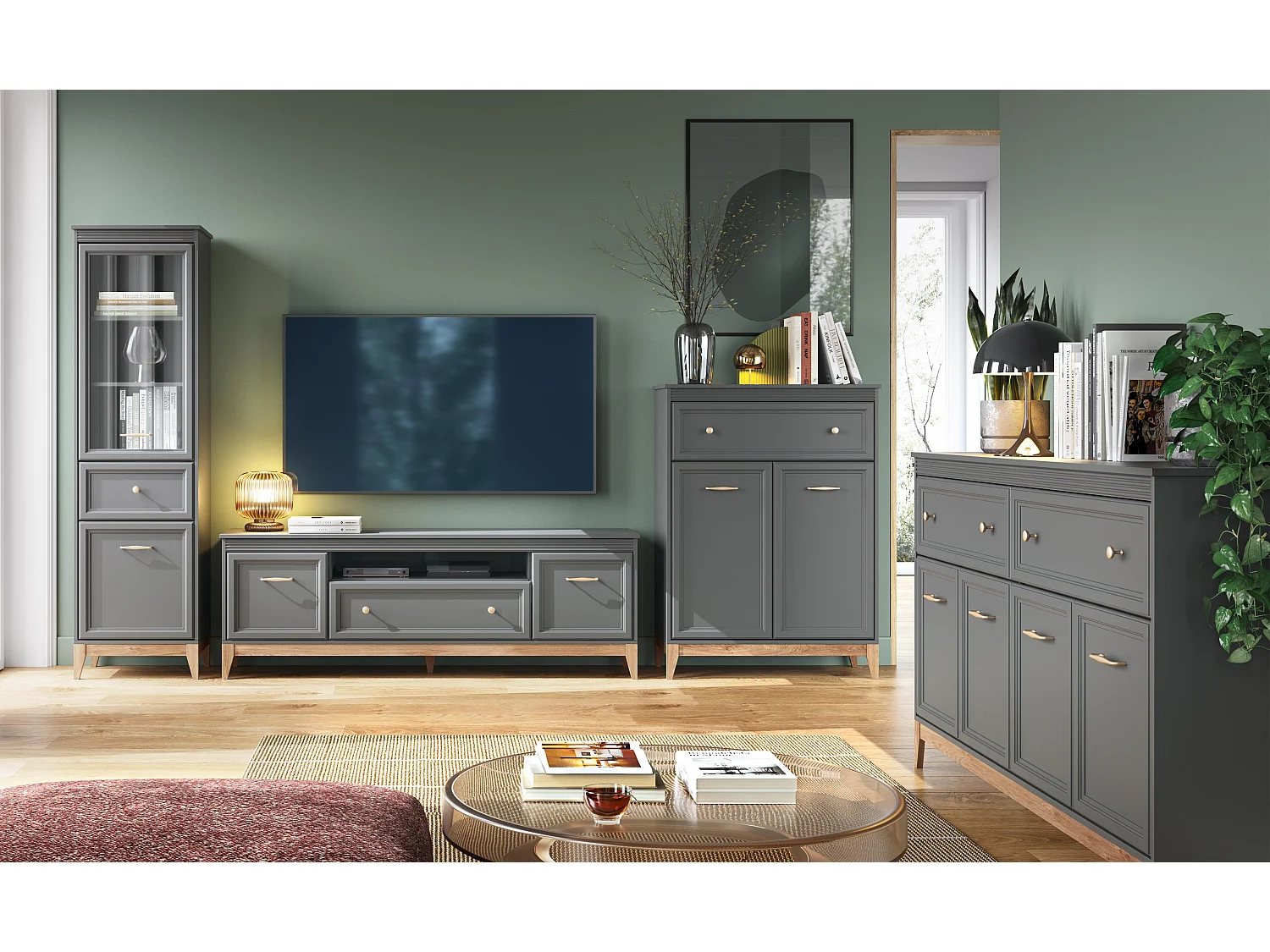 AX LIVING TV Lowboard Nymphen Dunkelgrau 179 cm 1 Schublade 2 Türen MDF Eiche
