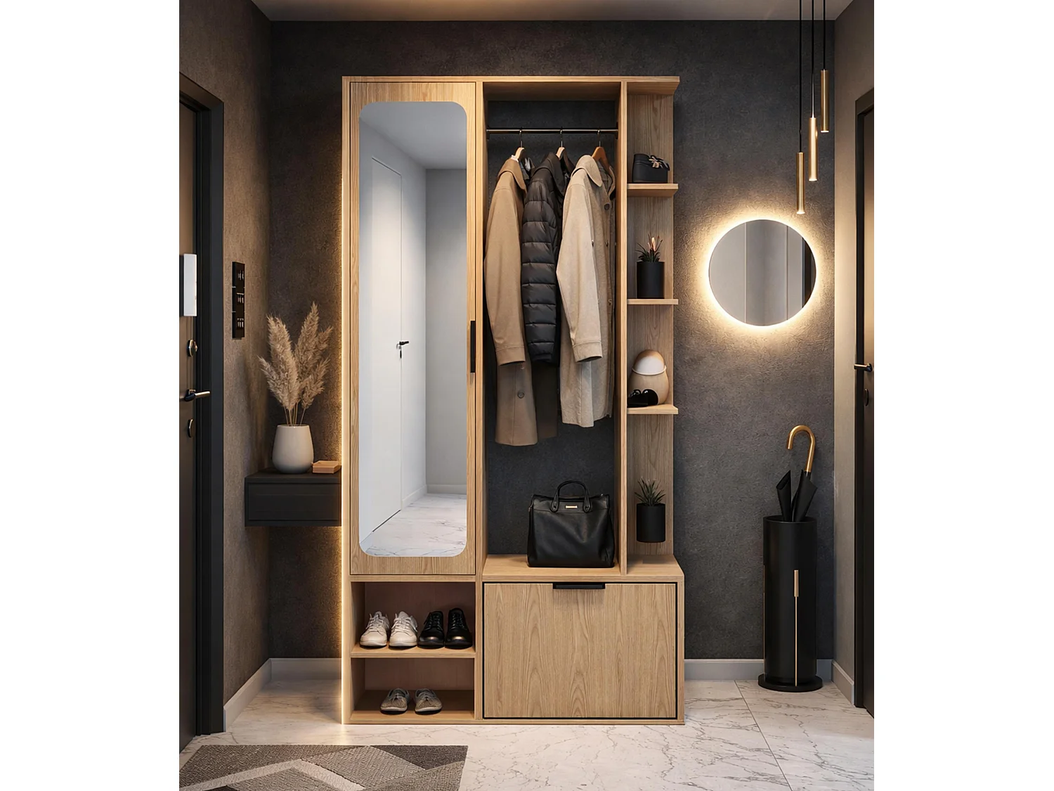AX LIVING Garderobe Nemrut Holzoptik mit Spiegel – Flurmöbel mit Stauraum
