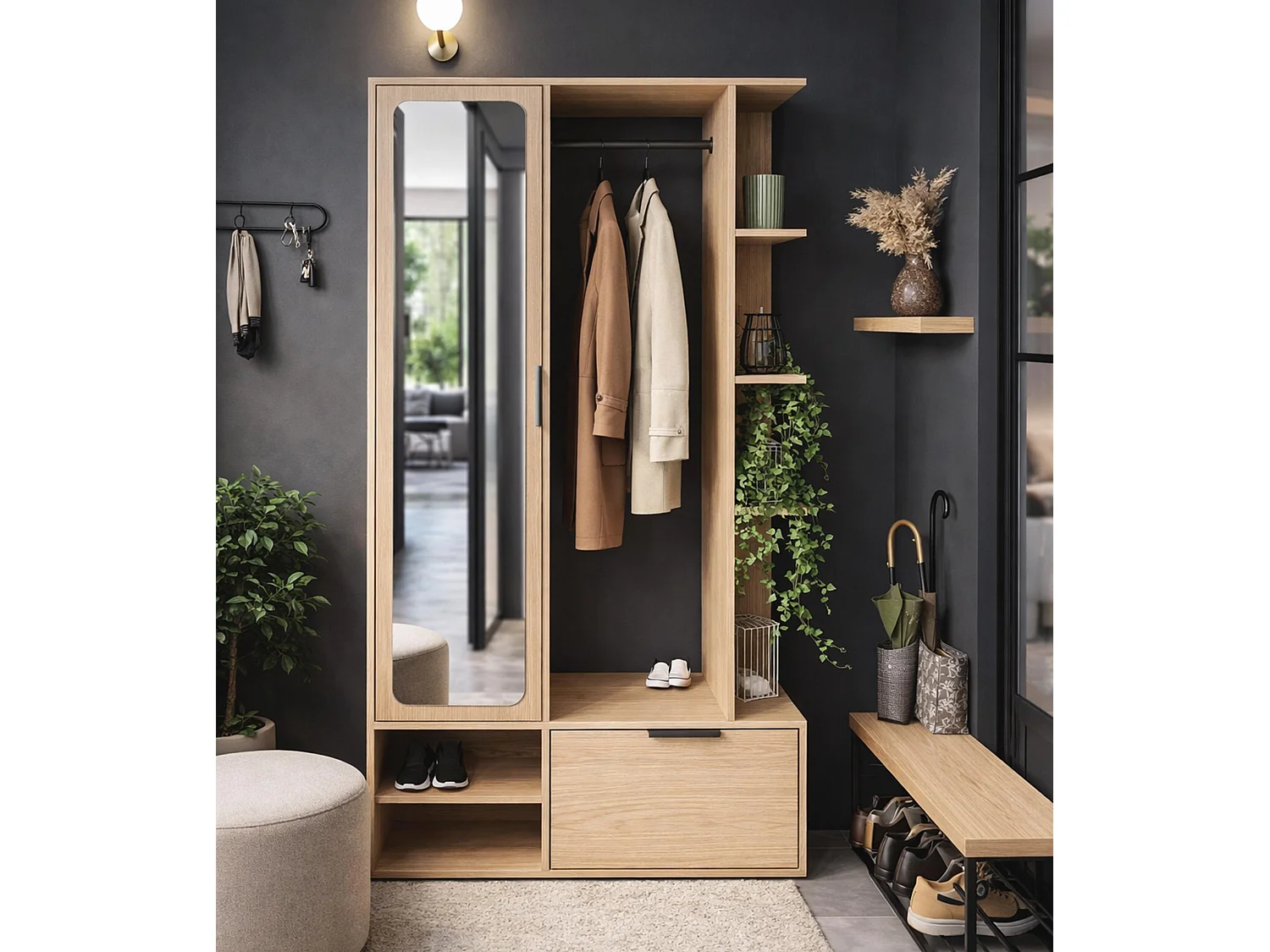 AX LIVING Garderobe Nemrut Holzoptik mit Spiegel – Flurmöbel mit Stauraum