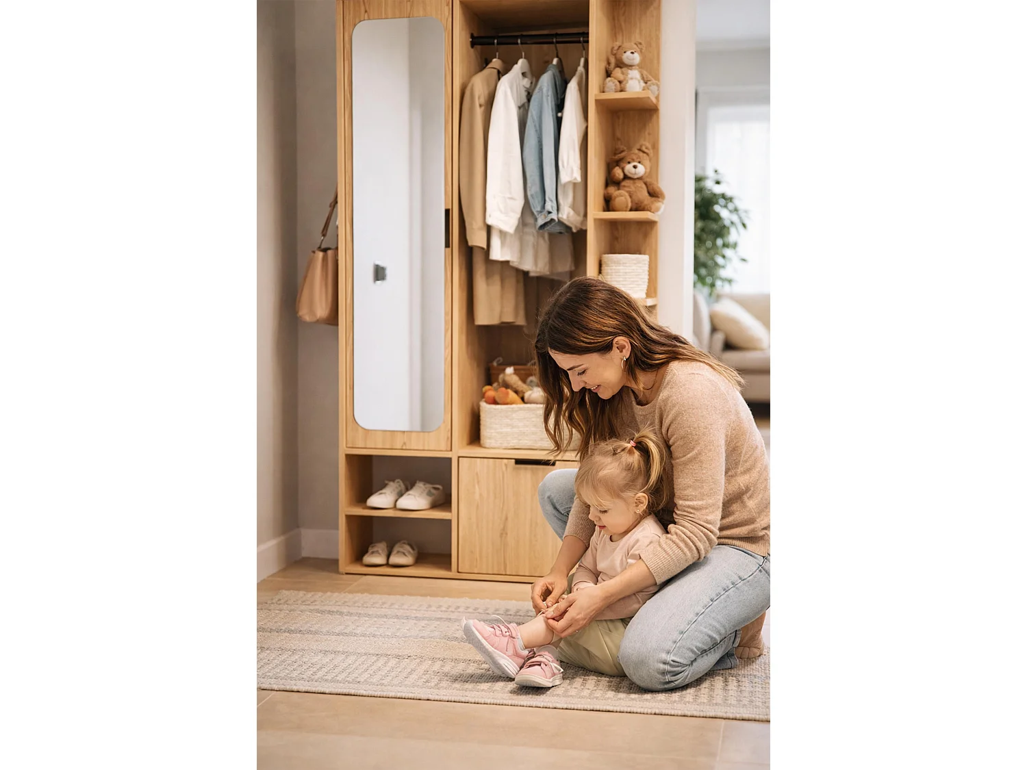 AX LIVING Garderobe Nemrut Holzoptik mit Spiegel – Flurmöbel mit Stauraum