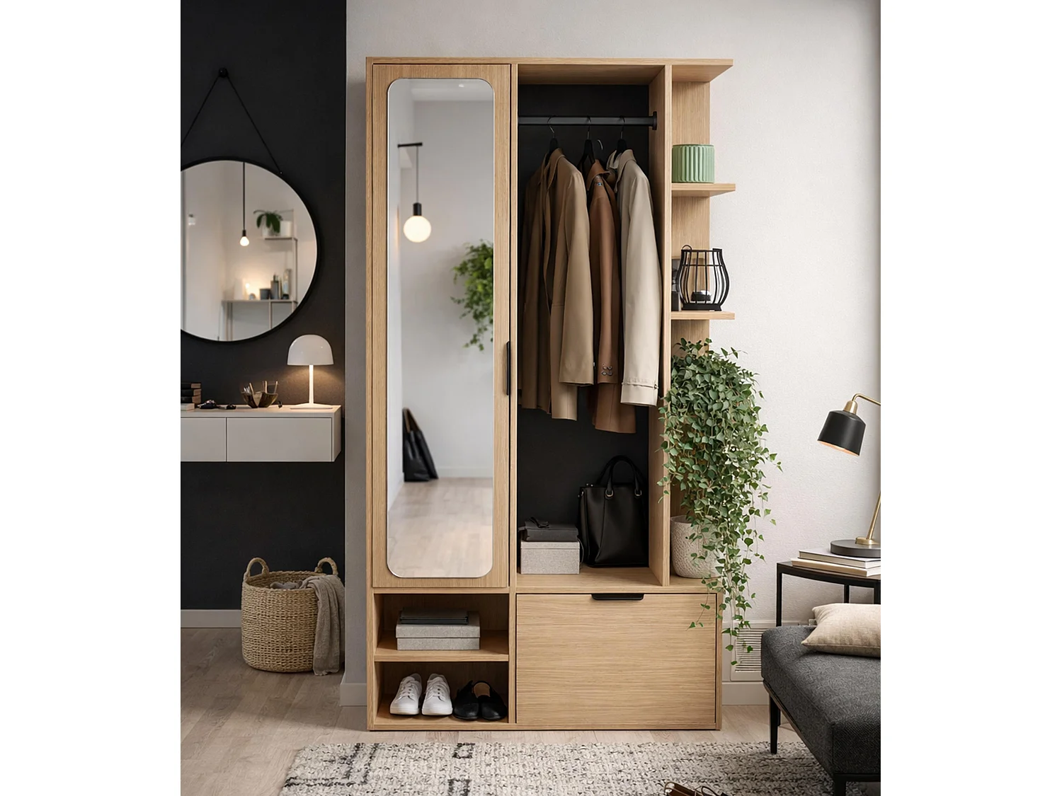 AX LIVING Garderobe Nemrut Holzoptik mit Spiegel – Flurmöbel mit Stauraum