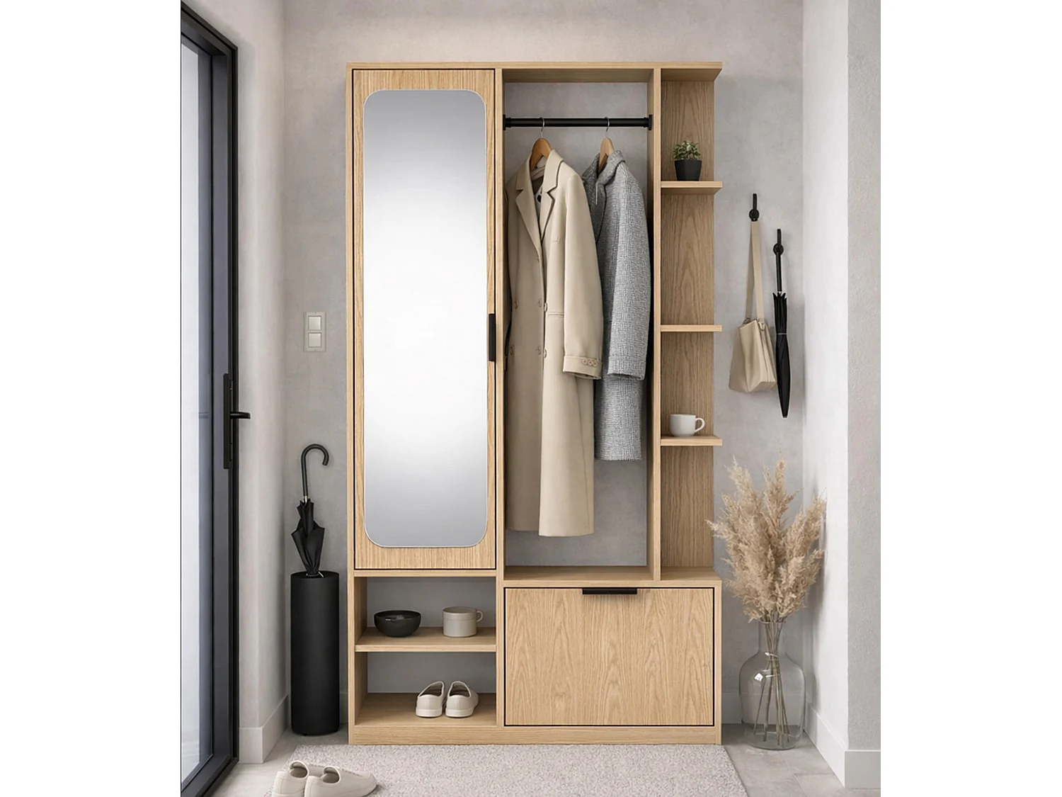 AX LIVING Garderobe Nemrut Holzoptik mit Spiegel – Flurmöbel mit Stauraum